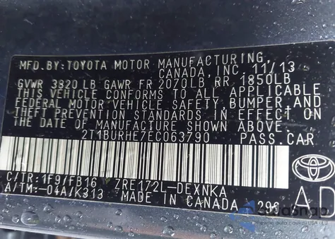 2014 Toyota Corolla Le Plus from USA, damaged, VIN 2T1BURHE7EC063790